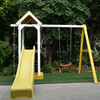 Outdoor Wooden Swing Playset with Swing, Slide, Steering Wheel, and Rock Climbing Ladder