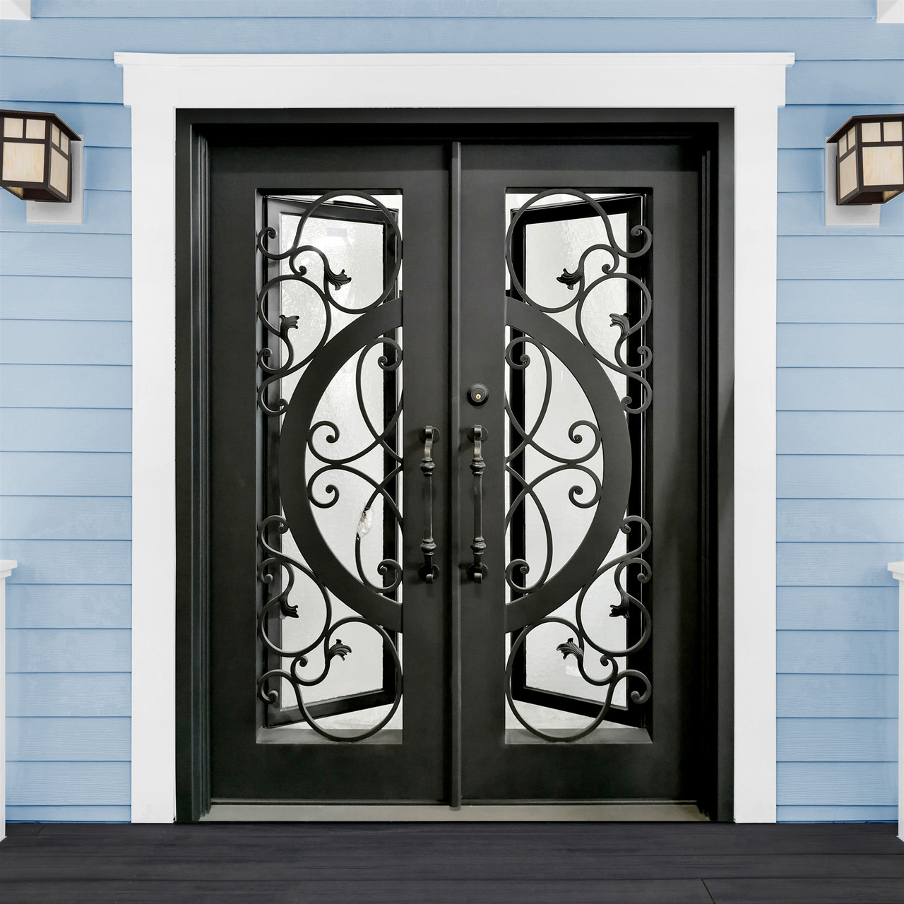 Iron Square Top Vine and Curve Dual Door with Frame and Threshold