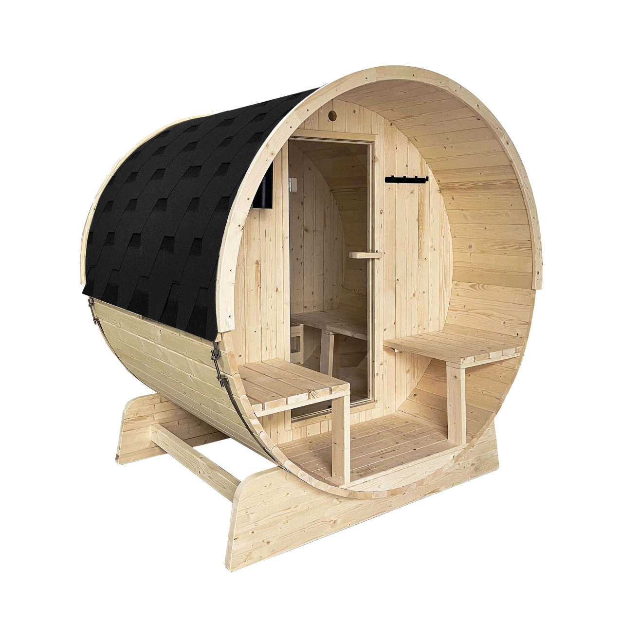 Outdoor or Indoor White Finland Pine Wet Dry Barrel Sauna - 2-4 Person - Front Porch Canopy - 4.5 kW UL Certified - Bitumen Shingle Roofing | SB5PINECP-AP