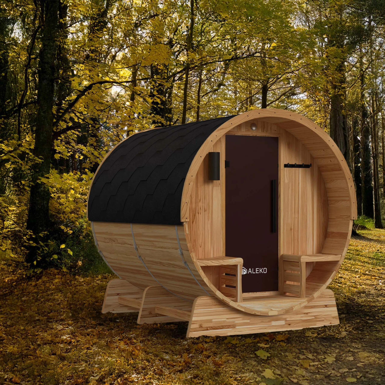 バーベキュー・調理用品 NATAL DESIGN 38-kT SOTE ver. AURORA Outdoor Rustic Cedar Barrel Steam Sauna - Front Porch Canopy - UL