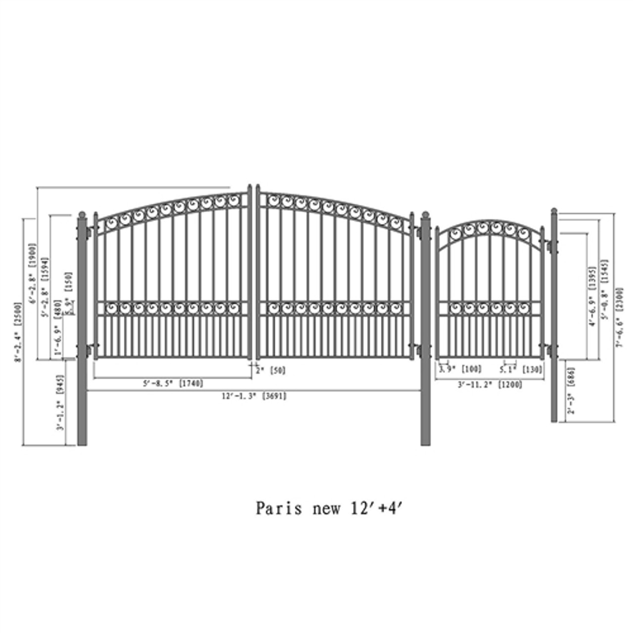 Steel Dual Swing Driveway Gate - PARIS Style - 12 ft with Pedestrian ...