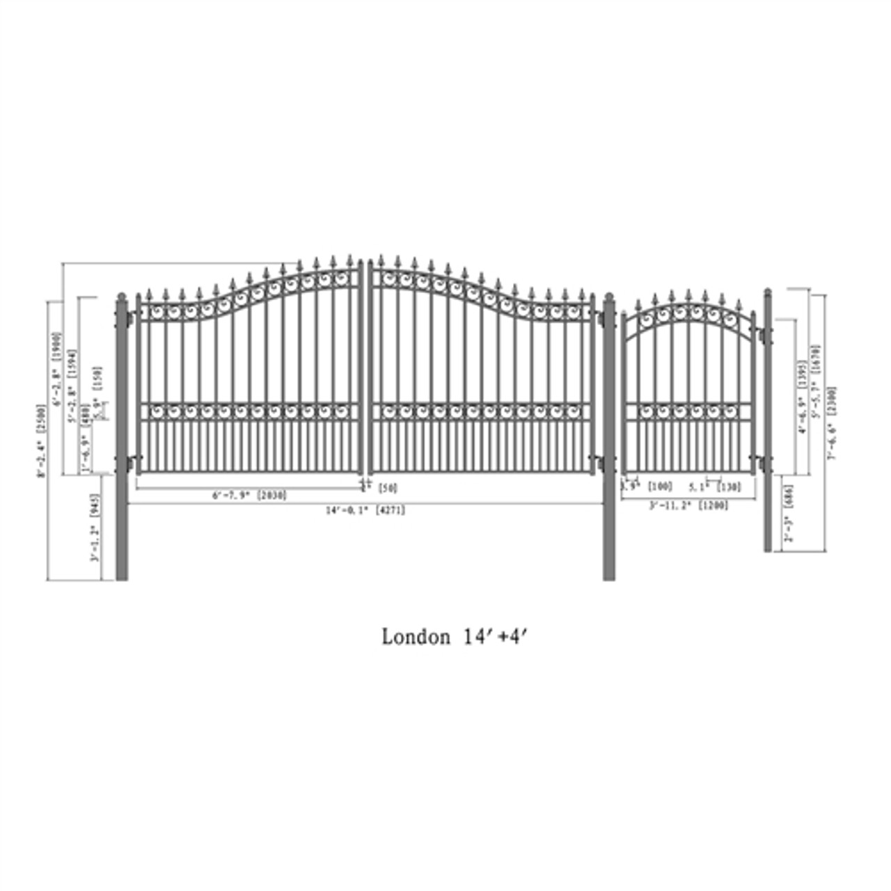 Steel Dual Swing Driveway Gate - LONDON Style - 14 ft with Pedestrian ...