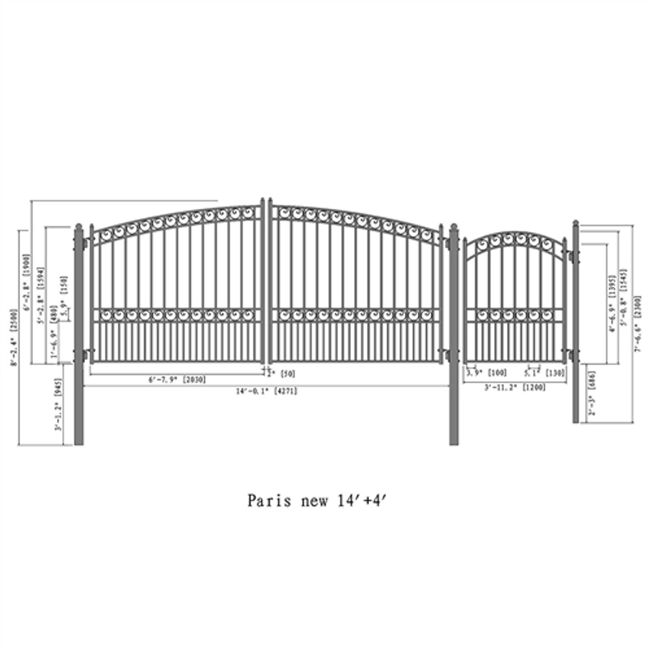 Steel Dual Swing Driveway Gate - PARIS Style - 14 ft with Pedestrian ...