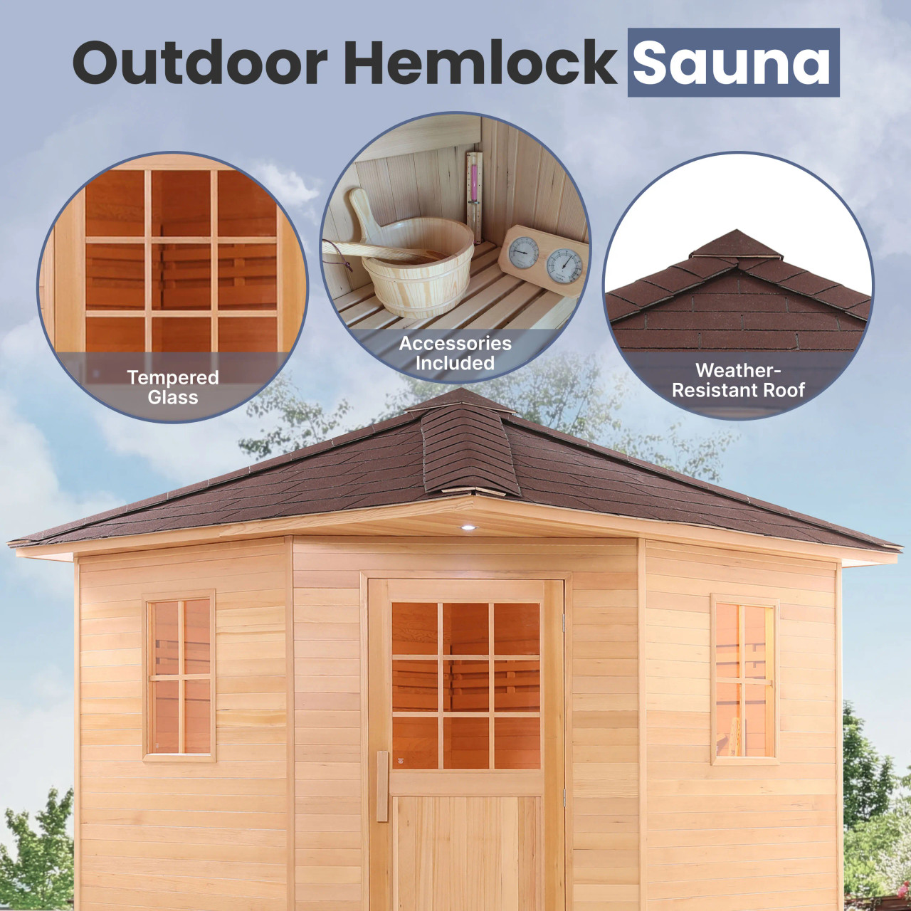 Canadian Hemlock Wet Dry Outdoor Sauna with Asphalt Roof - 9 kW UL