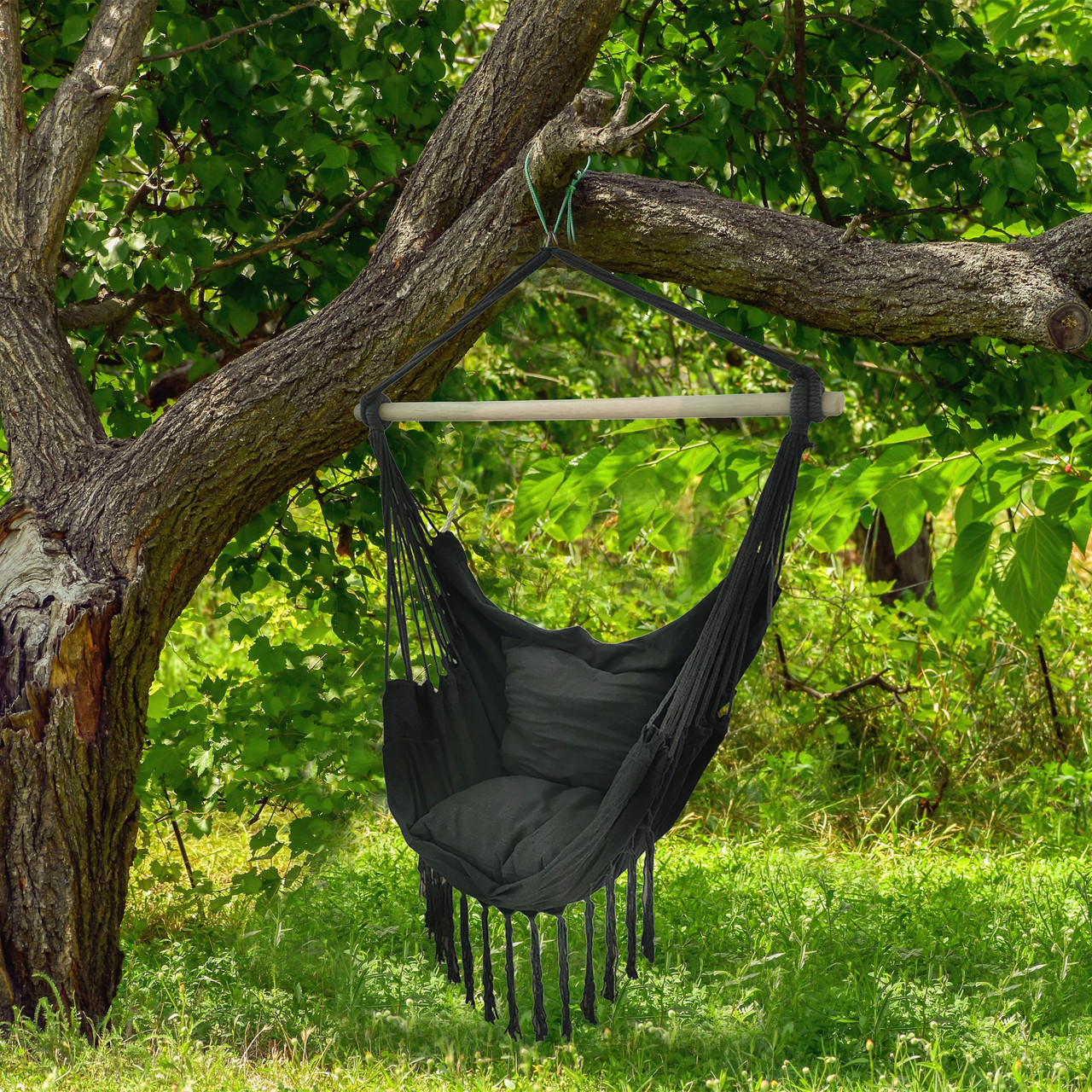 Hanging Rope Swing Hammock Chair with Side Pocket and Wooden