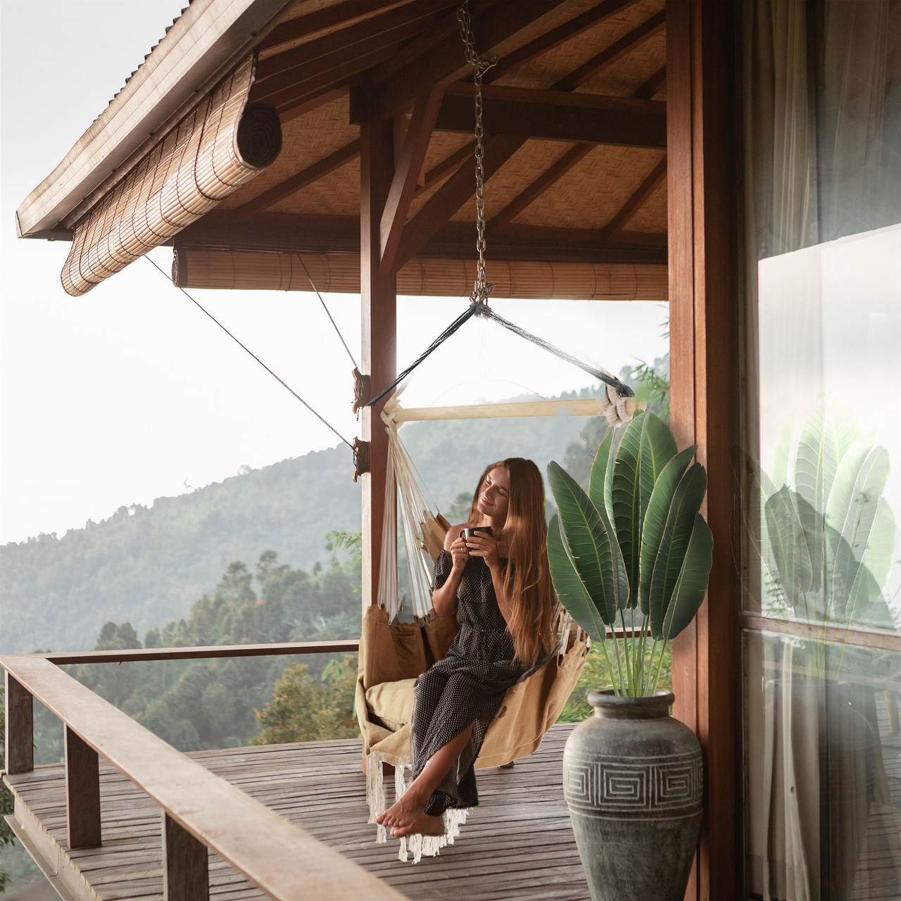 Hanging Rope Swing Hammock Chair with Side Pocket and Wooden