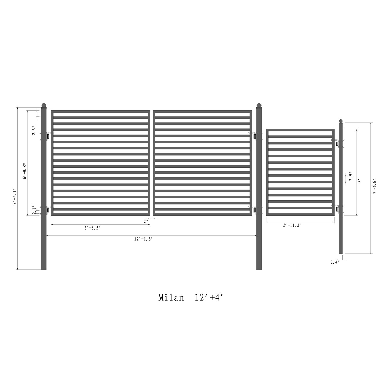 Steel Dual Swing Driveway Gate - MILAN Style - 12 ft with Pedestrian ...