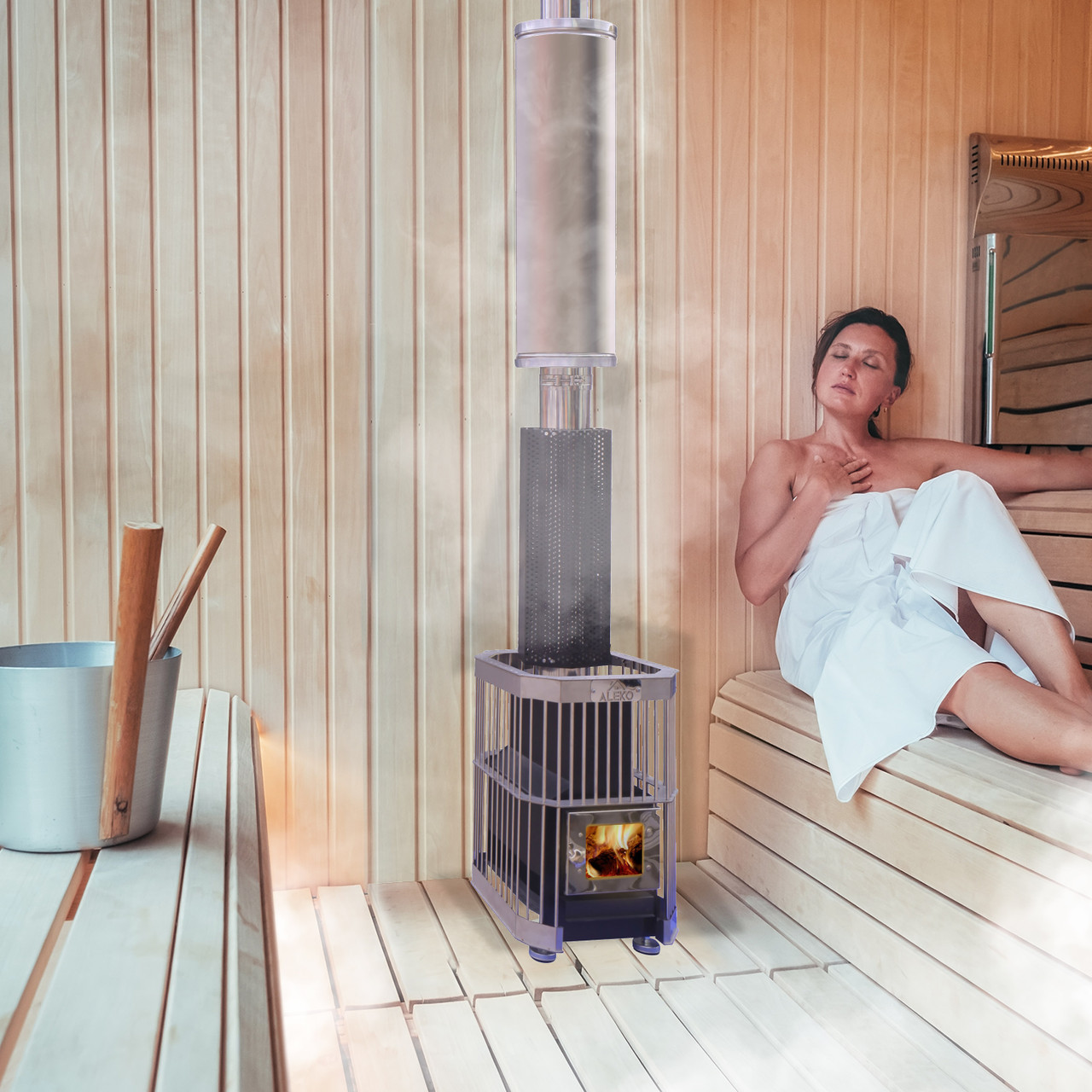 Wood Burning Sauna Heater and Chimney Kit with Large Stone