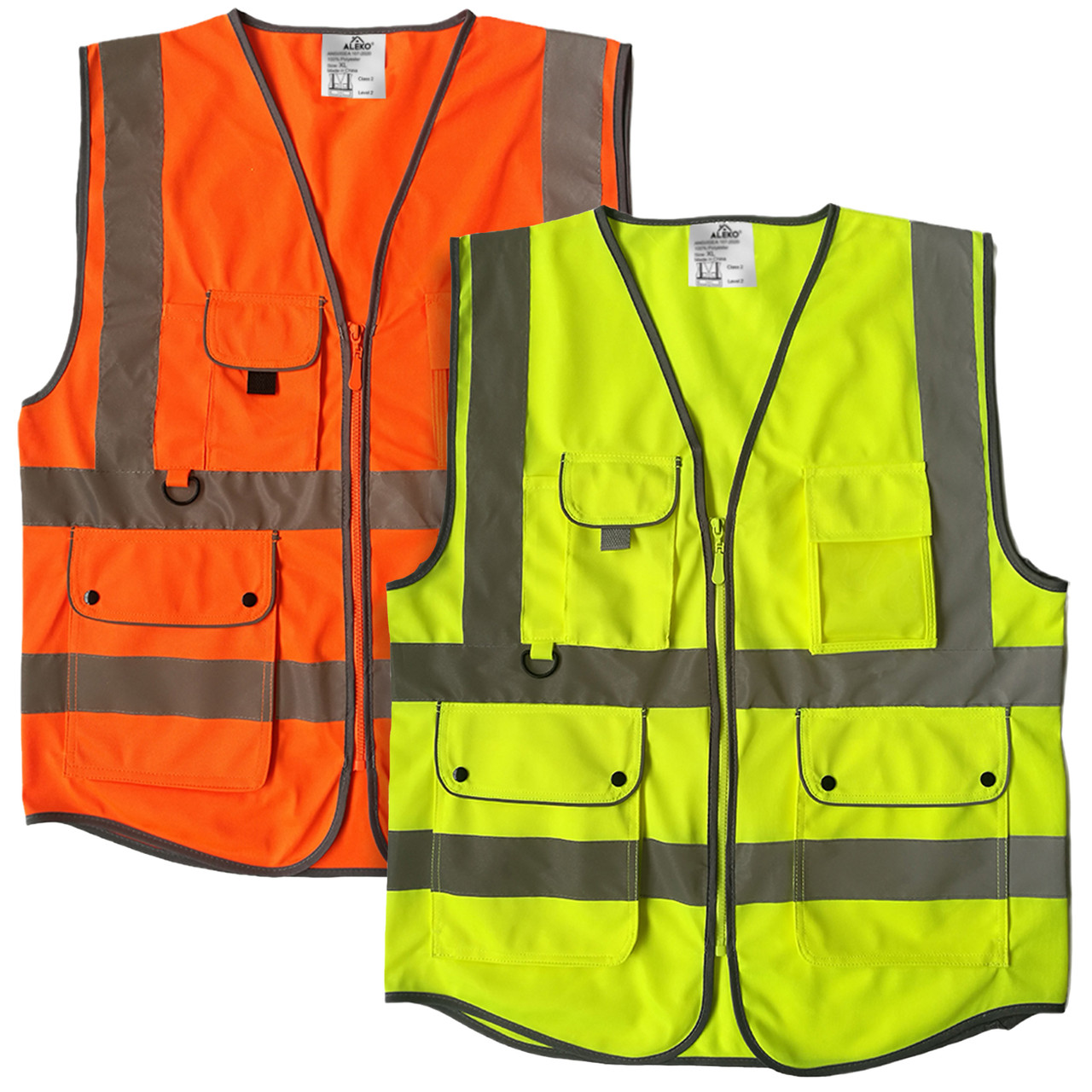 Aleko Kitsvestl-ap 2-Pack Safety Vests with Pockets and Reflective Tape - Class 2, ANSI/ISEA Compliant - Orange Yellow - L