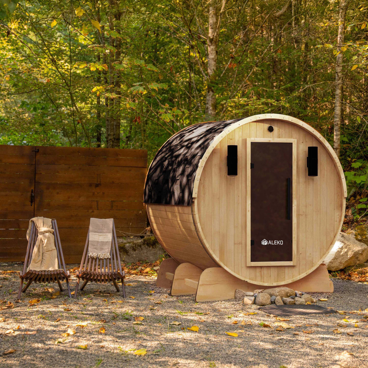 Red Cedar Barrel Sauna with Panoramic Window - 8 kW UL Certified