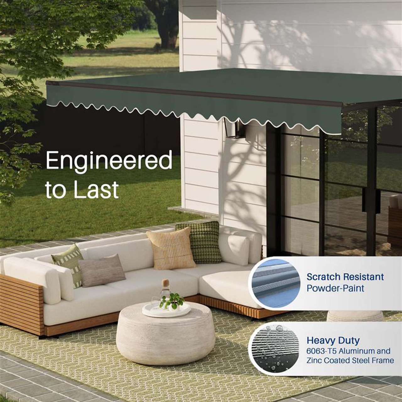 Caribbean Motorized Patio Awning - Black Frame - Forest Green