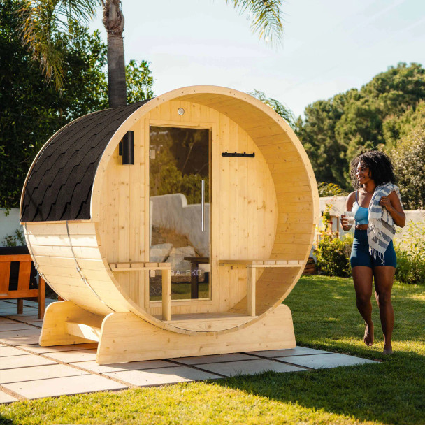 Anémona White Finland Pine Barrel Sauna with Front Porch Canopy - 2-4 Person