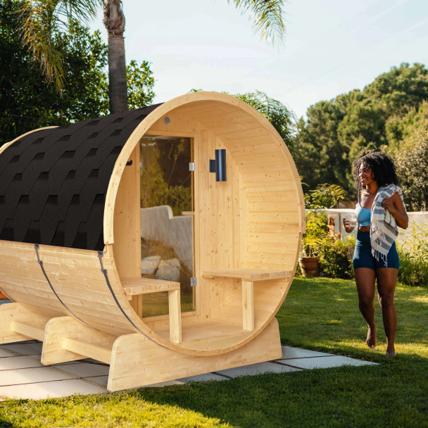 Anémona White Finland Pine Barrel Sauna with Front Porch Canopy – 6-8 People