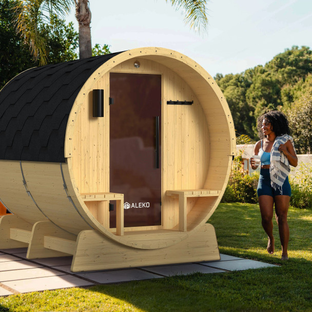 Anémona White Finland Pine Barrel Sauna with Front Porch Canopy – 6-8 People