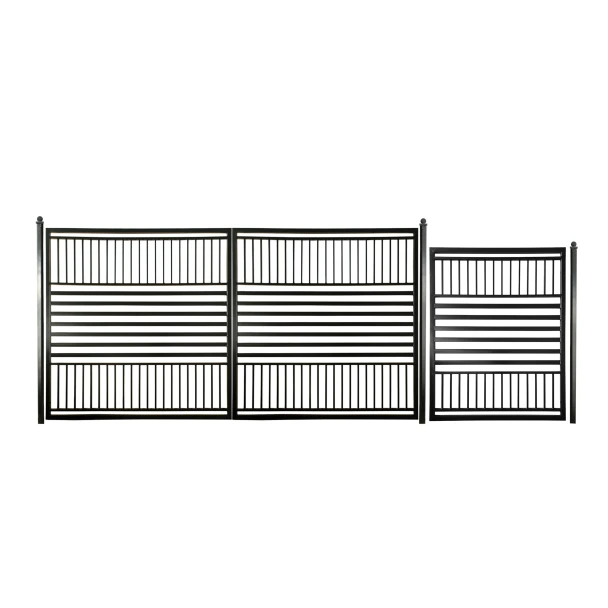 Steel Dual Swing Driveway Gate with Pedestrian Gate – Barcelona Style - 12 ft.