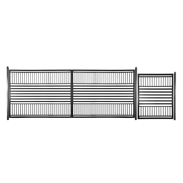 Steel Dual Swing Driveway Gate with Pedestrian Gate – Barcelona Style - 18 ft.