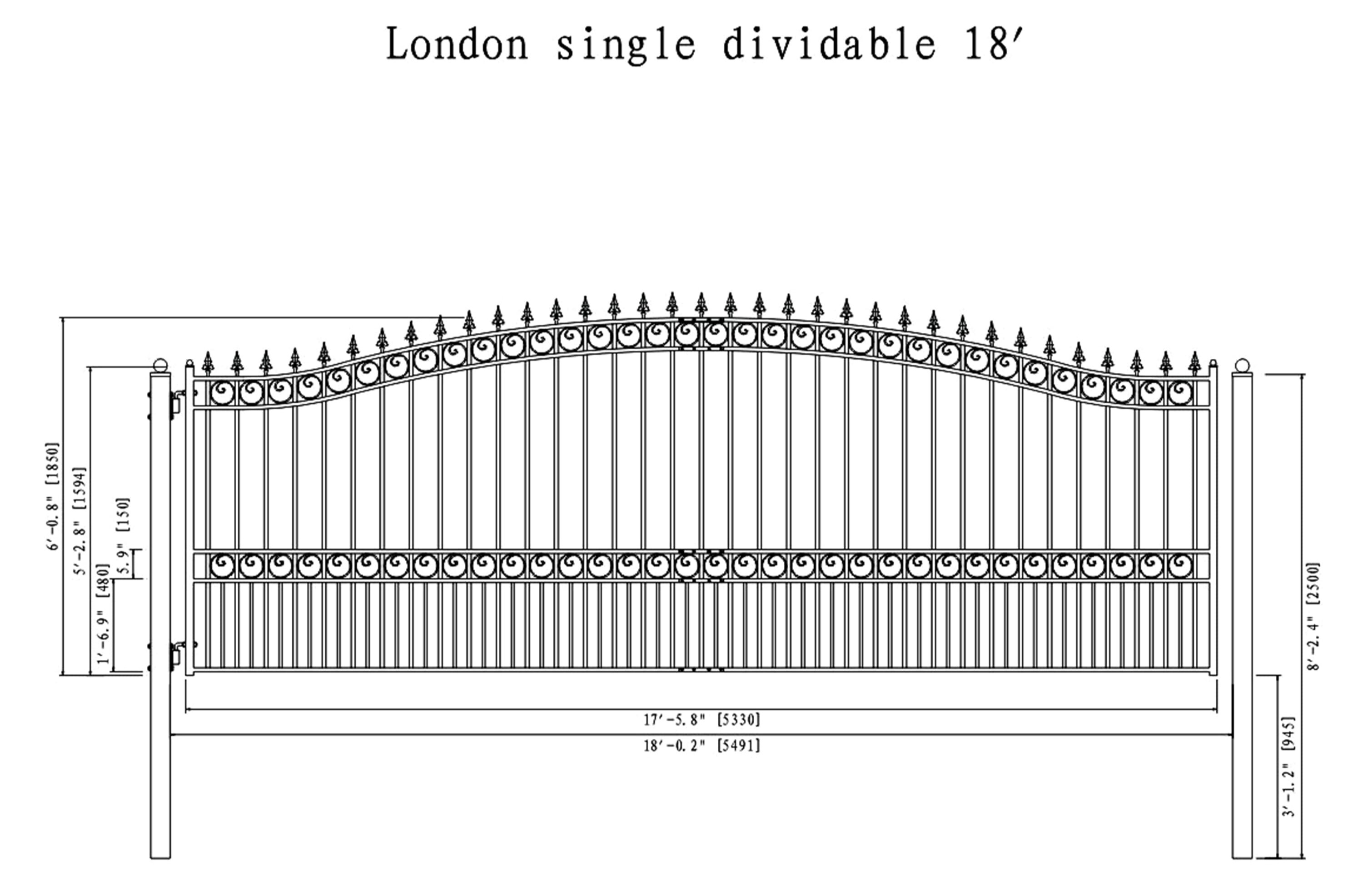 Steel Single Swing Driveway Gate - LONDON Style - 18 x 6 ft - ALEKO
