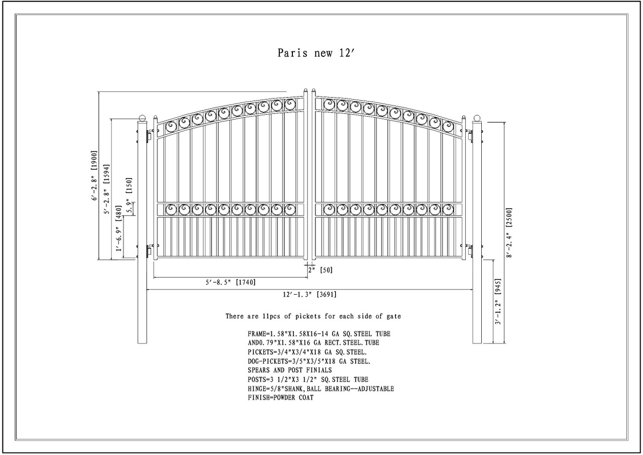 Steel Dual Swing Driveway Gate - PARIS Style.