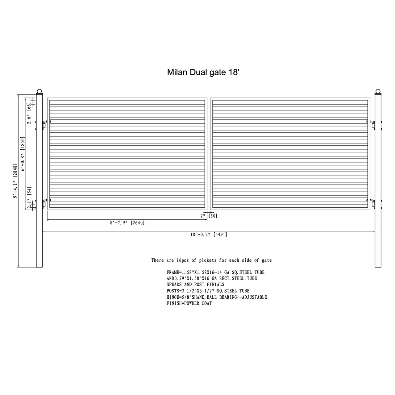 Steel Dual Swing Driveway Gate - MILAN Style - 18 x 6 ft - ALEKO
