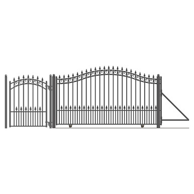 Steel Sliding Driveway Gate - 14 ft with Pedestrian Gate - 5 ft - PRAGUE Style