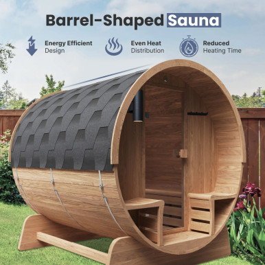Liatris Rustic Cedar Barrel Sauna with Front Porch Canopy - 5-6 Person