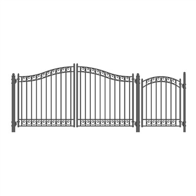 Steel Dual Swing Driveway Gate - DUBLIN Style - 12 ft with Pedestrian Gate - 5 ft