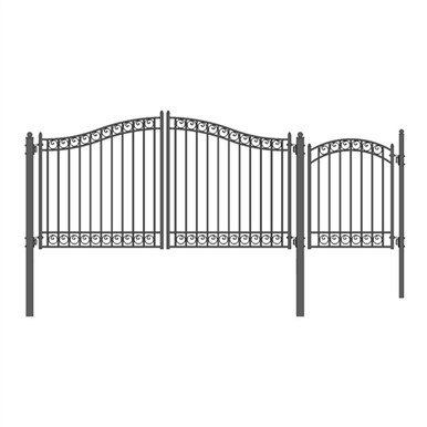 Steel Dual Swing Driveway Gate - DUBLIN Style - 12 ft with Pedestrian Gate - 5 ft