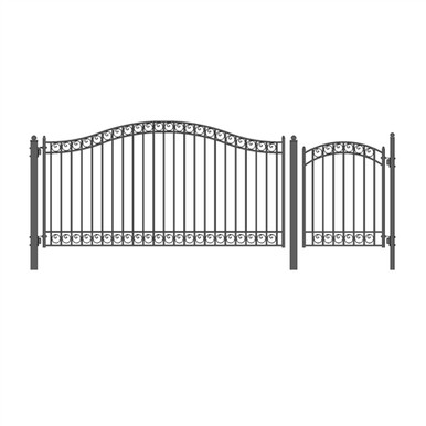 Steel Single Swing Driveway Gate - DUBLIN Style - 12 ft with Pedestrian Gate - 5 ft