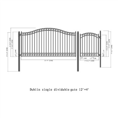 Steel Single Swing Driveway Gate - DUBLIN Style - 12 ft with Pedestrian Gate - 5 ft