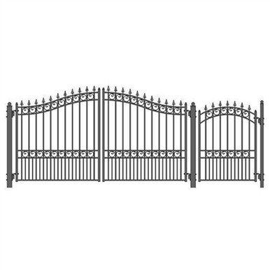 Steel Dual Swing Driveway Gate - LONDON Style - 12 ft with Pedestrian Gate - 5 ft
