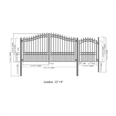 Steel Dual Swing Driveway Gate - LONDON Style - 12 ft with Pedestrian Gate - 5 ft