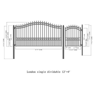 Steel Single Swing Driveway Gate - LONDON Style - 12 ft with Pedestrian Gate - 5 ft