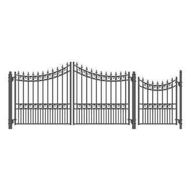 Steel Dual Swing Driveway Gate - MANHATTAN Style - 12 ft with Pedestrian Gate - 5 ft