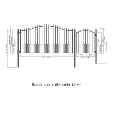 Steel Single Swing Driveway Gate - MUNICH Style - 12 ft with Pedestrian Gate - 5 ft