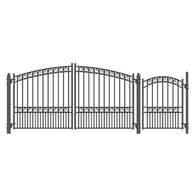 Steel Dual Swing Driveway Gate - PARIS Style - 12 ft with Pedestrian Gate - 5 ft
