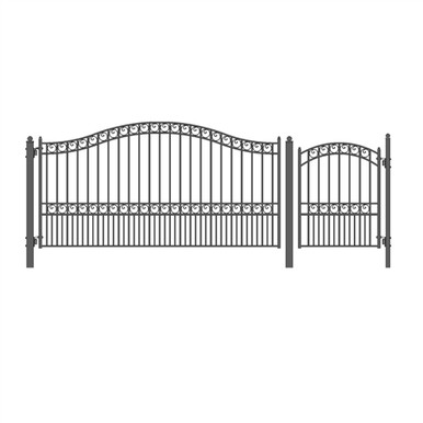 Steel Single Swing Driveway Gate - PARIS Style - 12 ft with Pedestrian Gate - 5 ft