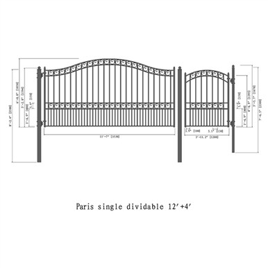 Steel Single Swing Driveway Gate - PARIS Style - 12 ft with Pedestrian Gate - 5 ft