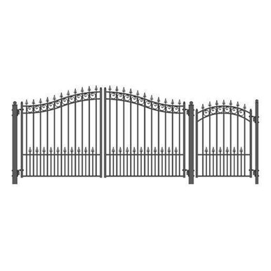 Steel Dual Swing Driveway Gate - PRAGUE Style - 12 ft with Pedestrian Gate - 5 ft