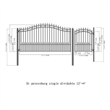 Steel Single Swing Driveway Gate - ST.LOUIS Style - 12 ft with Pedestrian Gate - 5 ft
