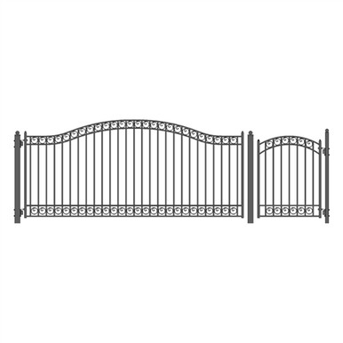 Steel Single Swing Driveway Gate - DUBLIN Style - 14 ft with Pedestrian Gate - 5 ft
