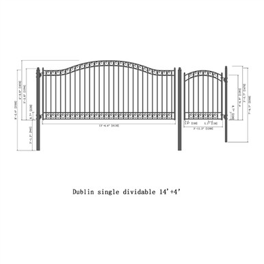 Steel Single Swing Driveway Gate - DUBLIN Style - 14 ft with Pedestrian Gate - 5 ft