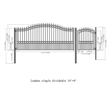Steel Single Swing Driveway Gate - LONDON Style - 14 ft with Pedestrian Gate - 5 ft