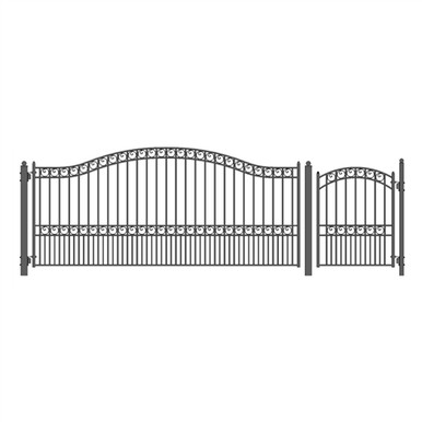 Steel Single Swing Driveway Gate - PARIS Style - 14 ft with Pedestrian Gate - 5 ft