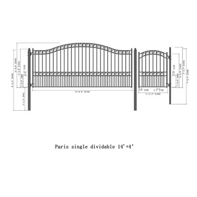 Steel Single Swing Driveway Gate - PARIS Style - 14 ft with Pedestrian Gate - 5 ft