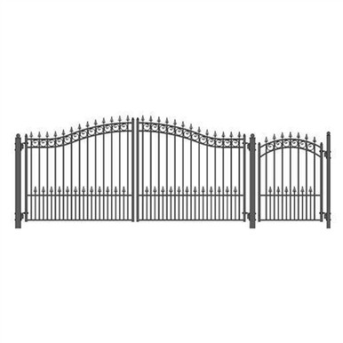 Steel Dual Swing Driveway Gate - PRAGUE Style - 14 ft with Pedestrian Gate - 5 ft