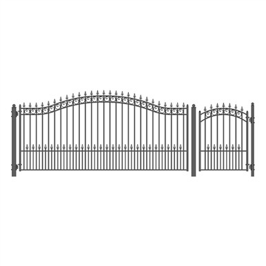 Steel Single Swing Driveway Gate - PRAGUE Style - 14 ft with Pedestrian Gate - 5 ft