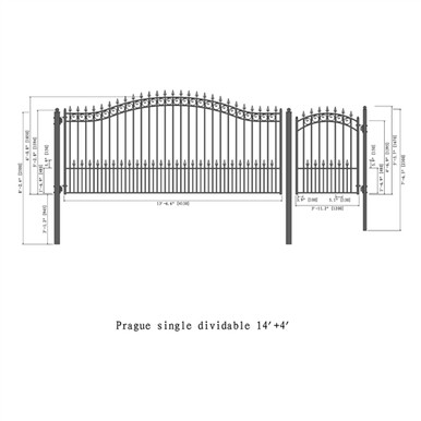 Steel Single Swing Driveway Gate - PRAGUE Style - 14 ft with Pedestrian Gate - 5 ft
