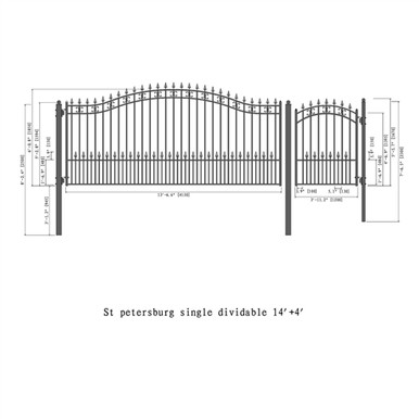Steel Single Swing Driveway Gate - ST.LOUIS Style - 14 ft with Pedestrian Gate - 5 ft