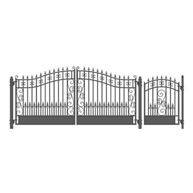 Steel Dual Swing Driveway Gate - VENICE Style - 14 ft with Pedestrian Gate - 5 ft