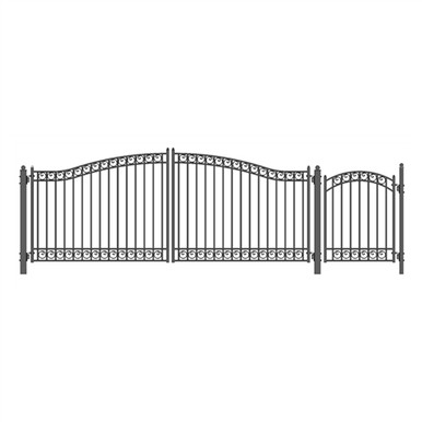 Steel Dual Swing Driveway Gate - DUBLIN Style - 16 ft with Pedestrian Gate - 5 ft